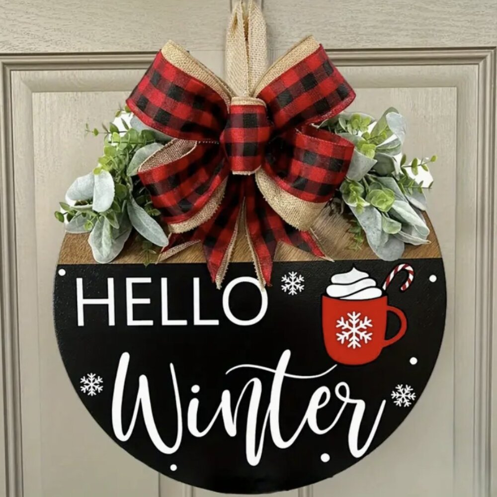 Hello Winter Front Door Hanging Sign Festive Holiday Bow Decor Wood Wreath 11.8"